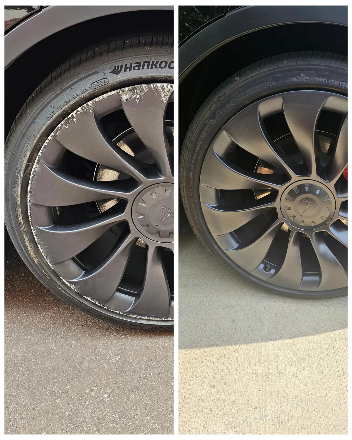 Tesla wheel with curb rash before repair, beside the refinished wheel